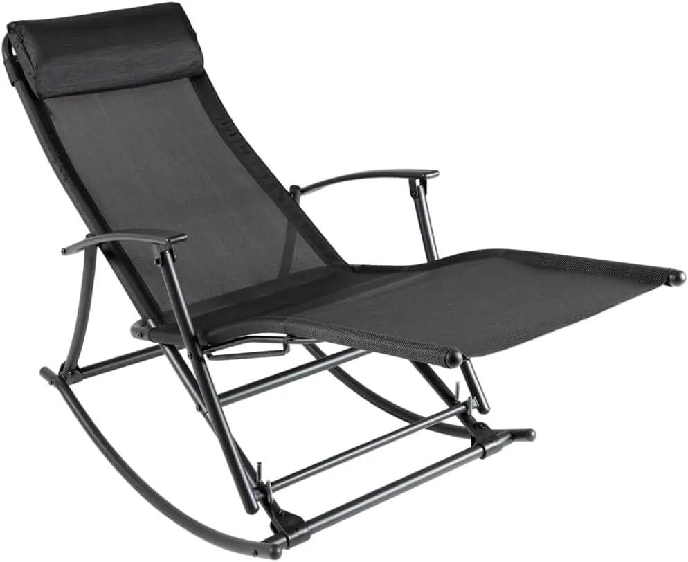 Patio Rocking Chair Steel and Textilene Lounge Chair Black Foldable Outdoor Furniture with Adjustable Reclining Positions for Patio, Deck, Garden, Beach, Camping, and Relaxation