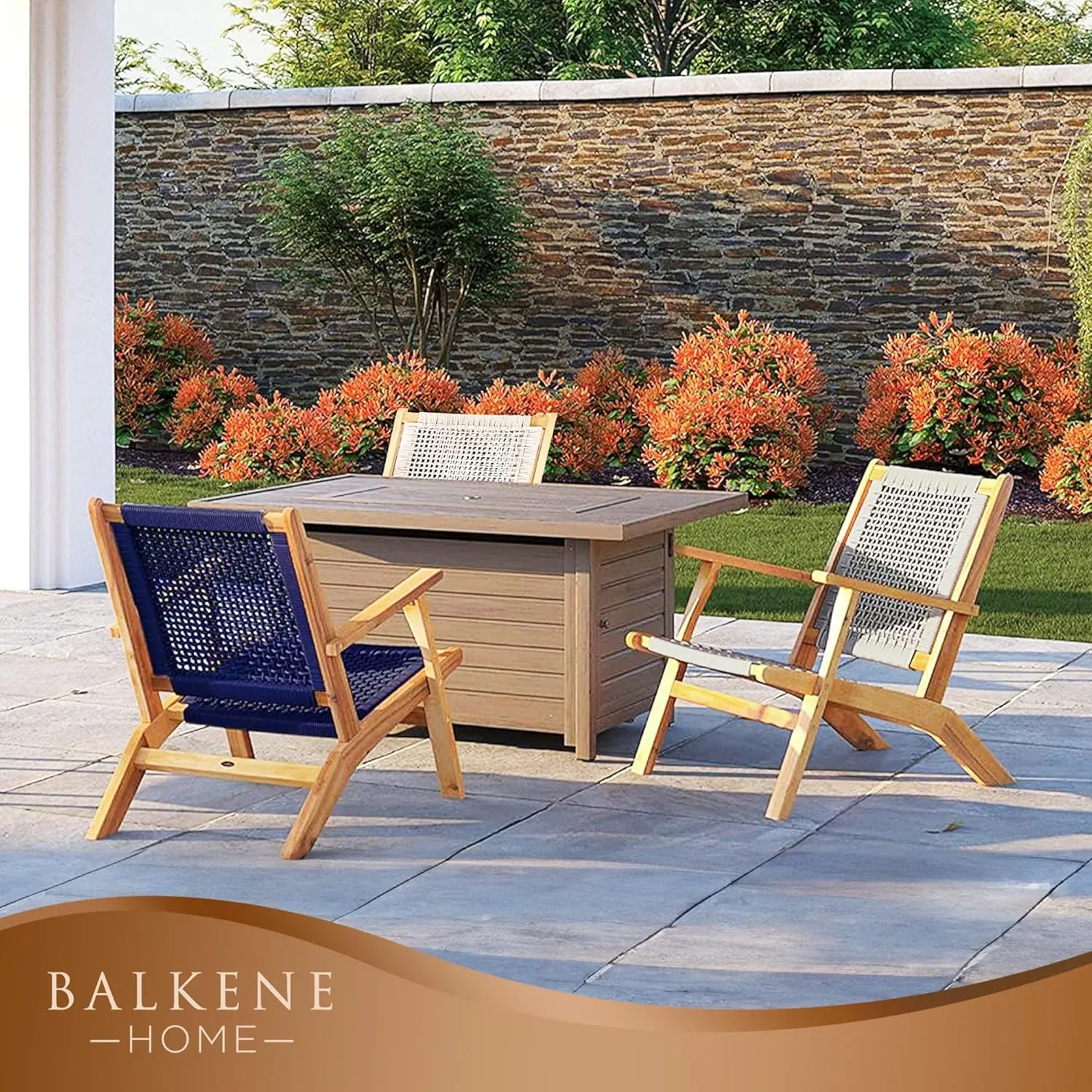 Patio Sense 63634 Vega Natural Stain Outdoor Chair Acacia Wood Construction Woven Web Seat Mid Century Design Comfortable Reclining Armchair Patio Lawn Garden Backyard Deck - Navy Blue Cording