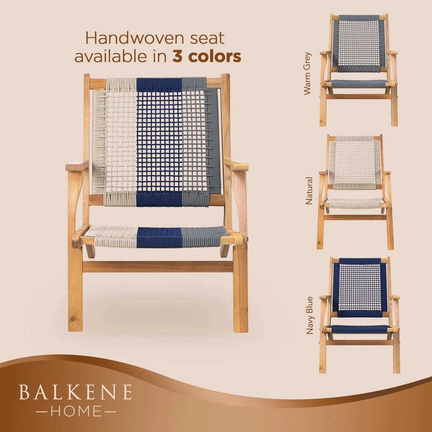 Patio Sense 63634 Vega Natural Stain Outdoor Chair Acacia Wood Construction Woven Web Seat Mid Century Design Comfortable Reclining Armchair Patio Lawn Garden Backyard Deck - Navy Blue Cording