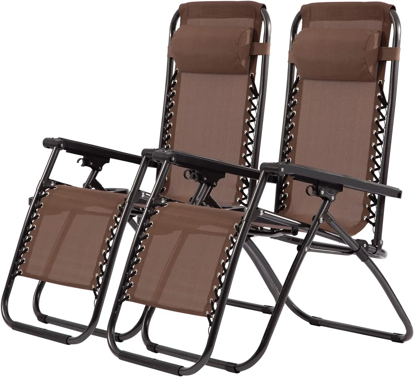 PayLessHere Adjustable Lounge Chair Beach Chair Zero Gravity Chair Folding Textilene Lawn Patio Chair with Removable Pillow and Cup Holder for Poolside Backyard Lawn Beach Set of 2,Brown