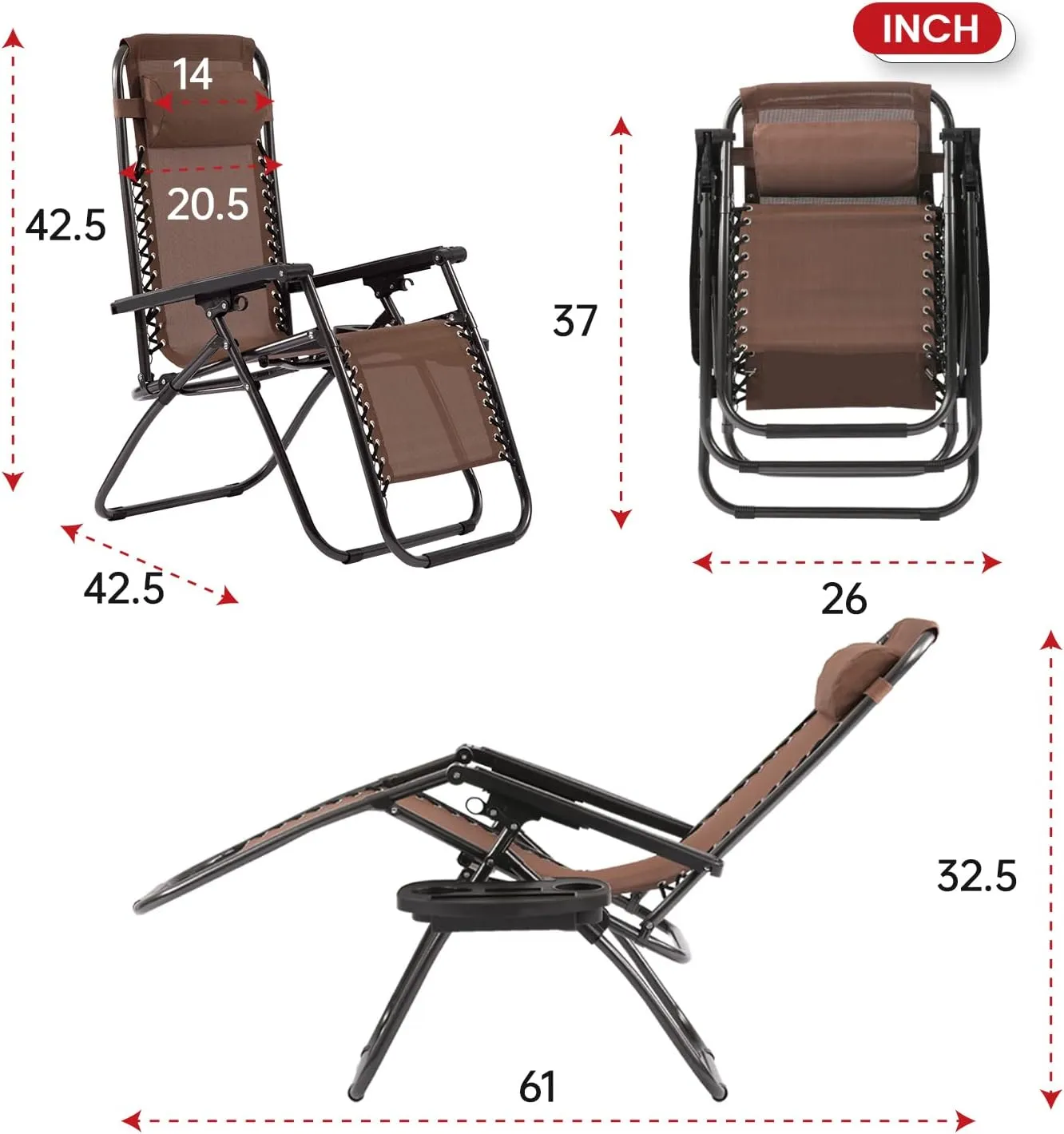 PayLessHere Adjustable Lounge Chair Beach Chair Zero Gravity Chair Folding Textilene Lawn Patio Chair with Removable Pillow and Cup Holder for Poolside Backyard Lawn Beach Set of 2,Brown