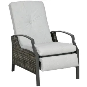 PE Rattan Outdoor Recliner Chair, Wicker Patio Lounge Chair with Adjustable Backrest, Retractable Footrest and Cushion, Light Grey