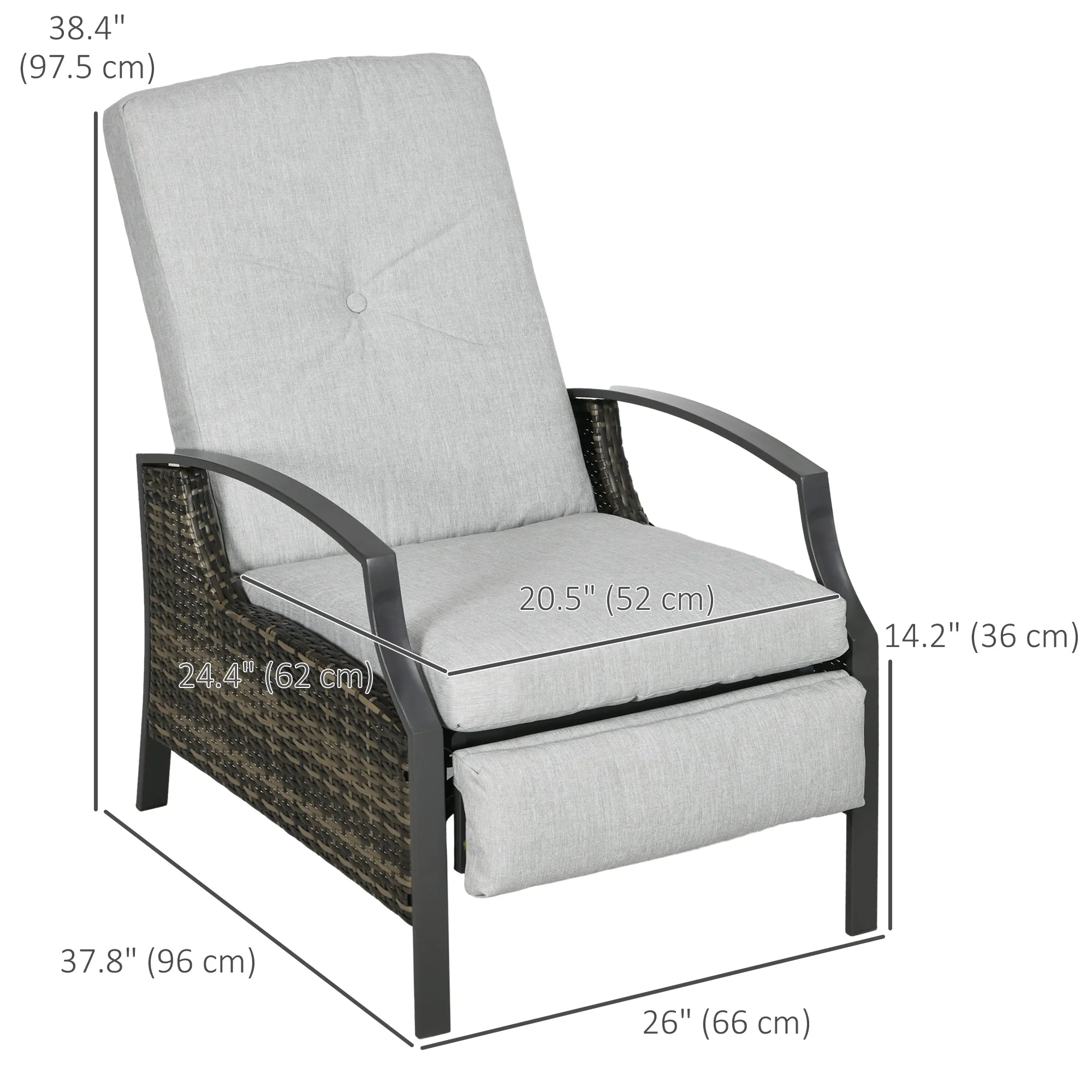 PE Rattan Outdoor Recliner Chair, Wicker Patio Lounge Chair with Adjustable Backrest, Retractable Footrest and Cushion, Light Grey