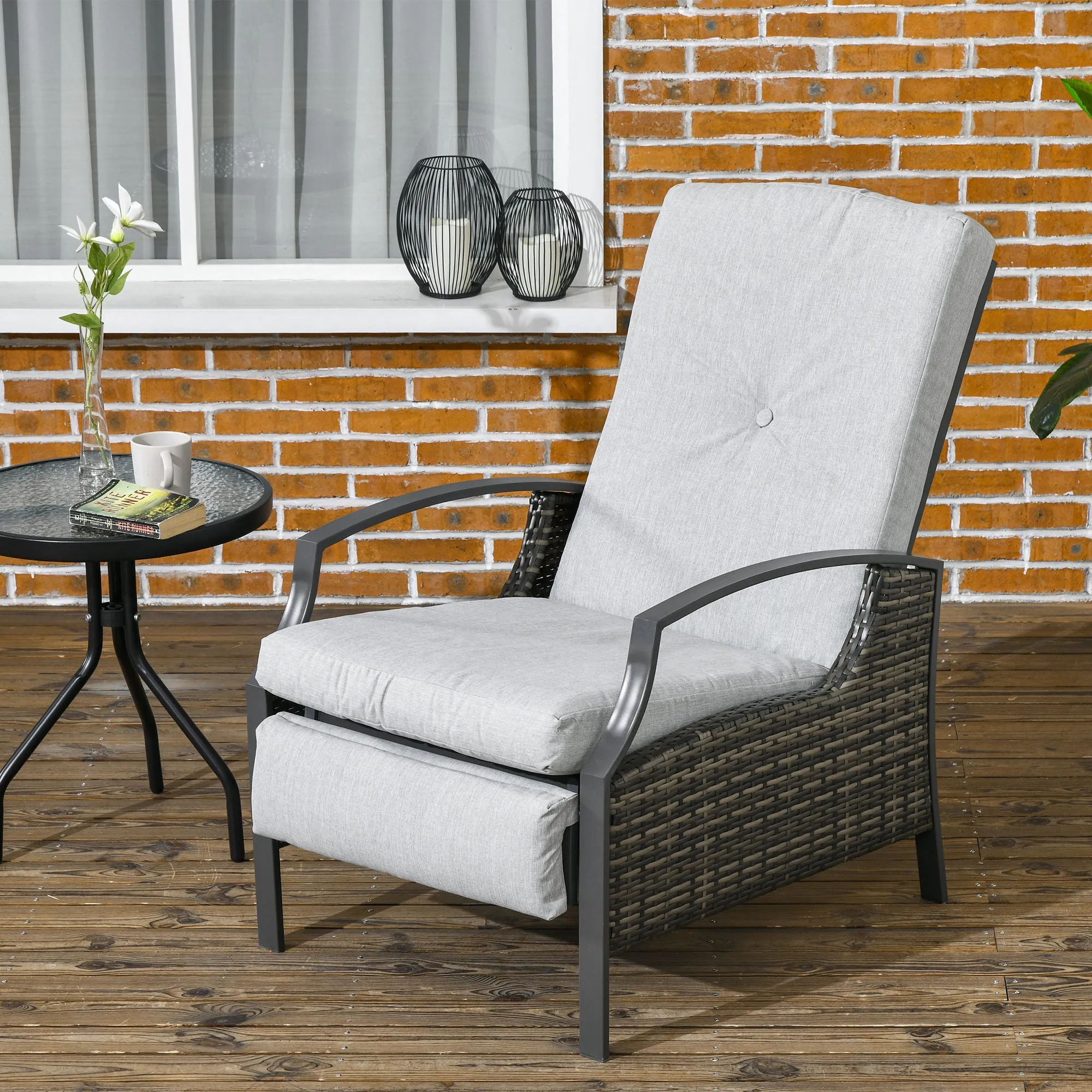PE Rattan Outdoor Recliner Chair, Wicker Patio Lounge Chair with Adjustable Backrest, Retractable Footrest and Cushion, Light Grey
