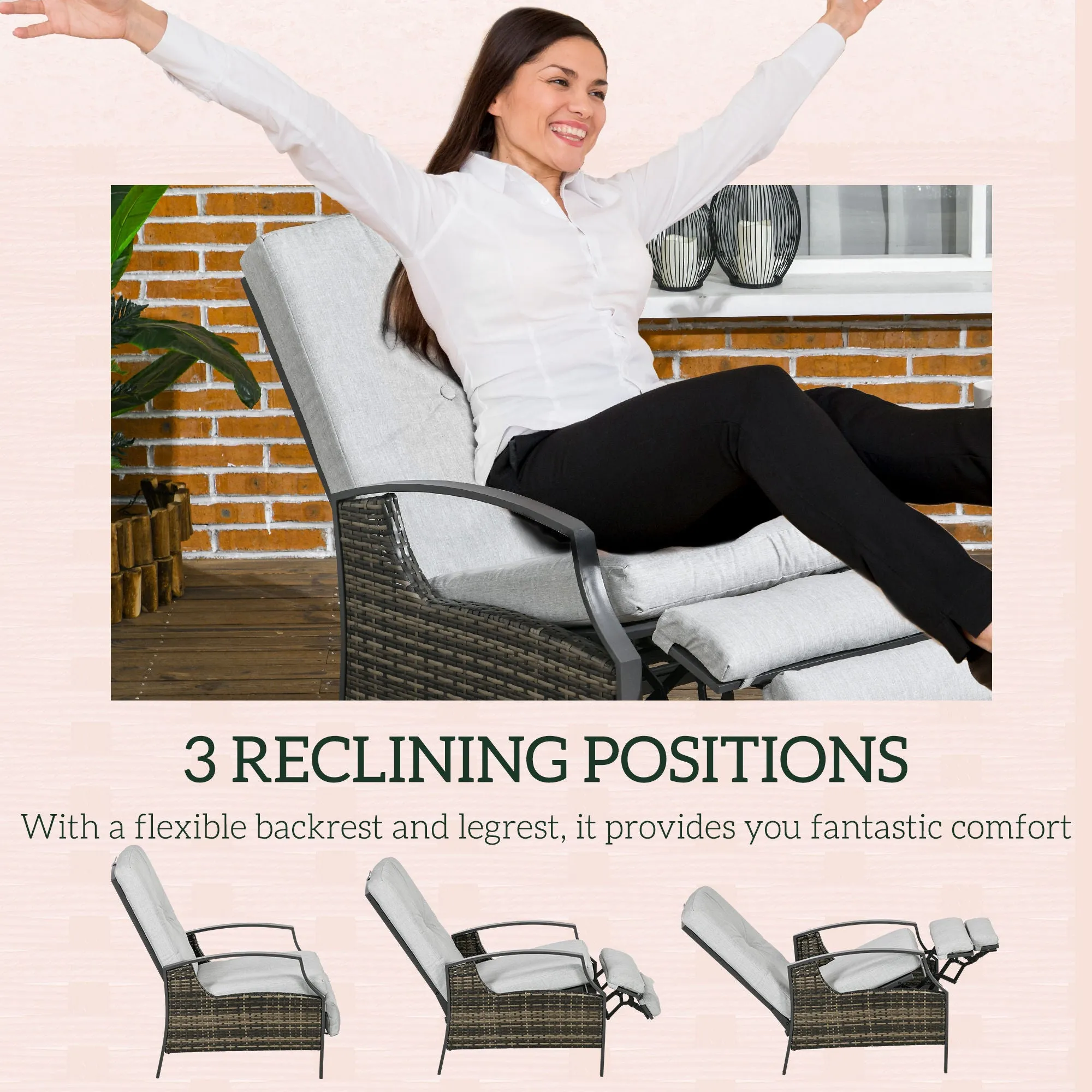 PE Rattan Outdoor Recliner Chair, Wicker Patio Lounge Chair with Adjustable Backrest, Retractable Footrest and Cushion, Light Grey