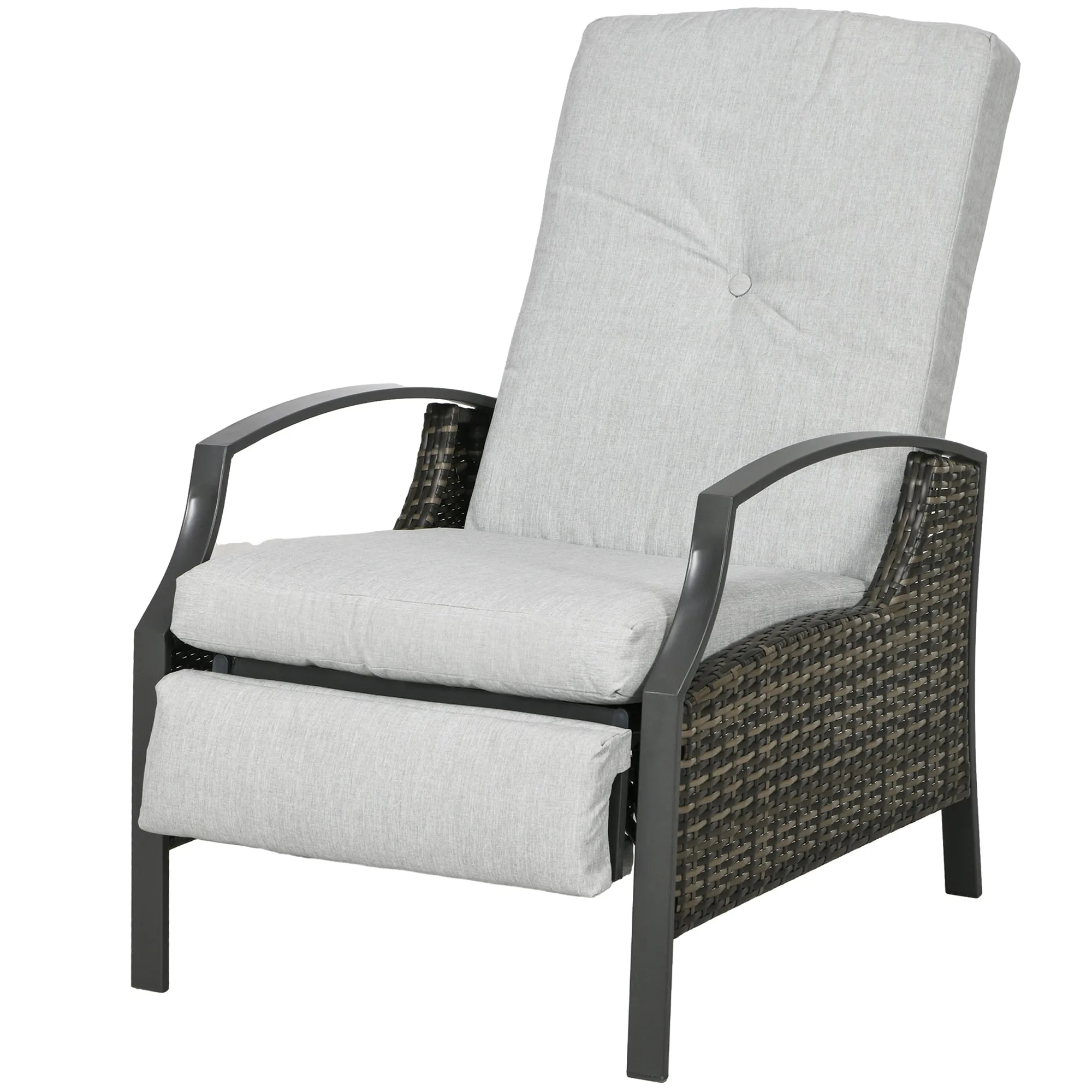 PE Rattan Outdoor Recliner Chair, Wicker Patio Lounge Chair with Adjustable Backrest, Retractable Footrest and Cushion, Light Grey