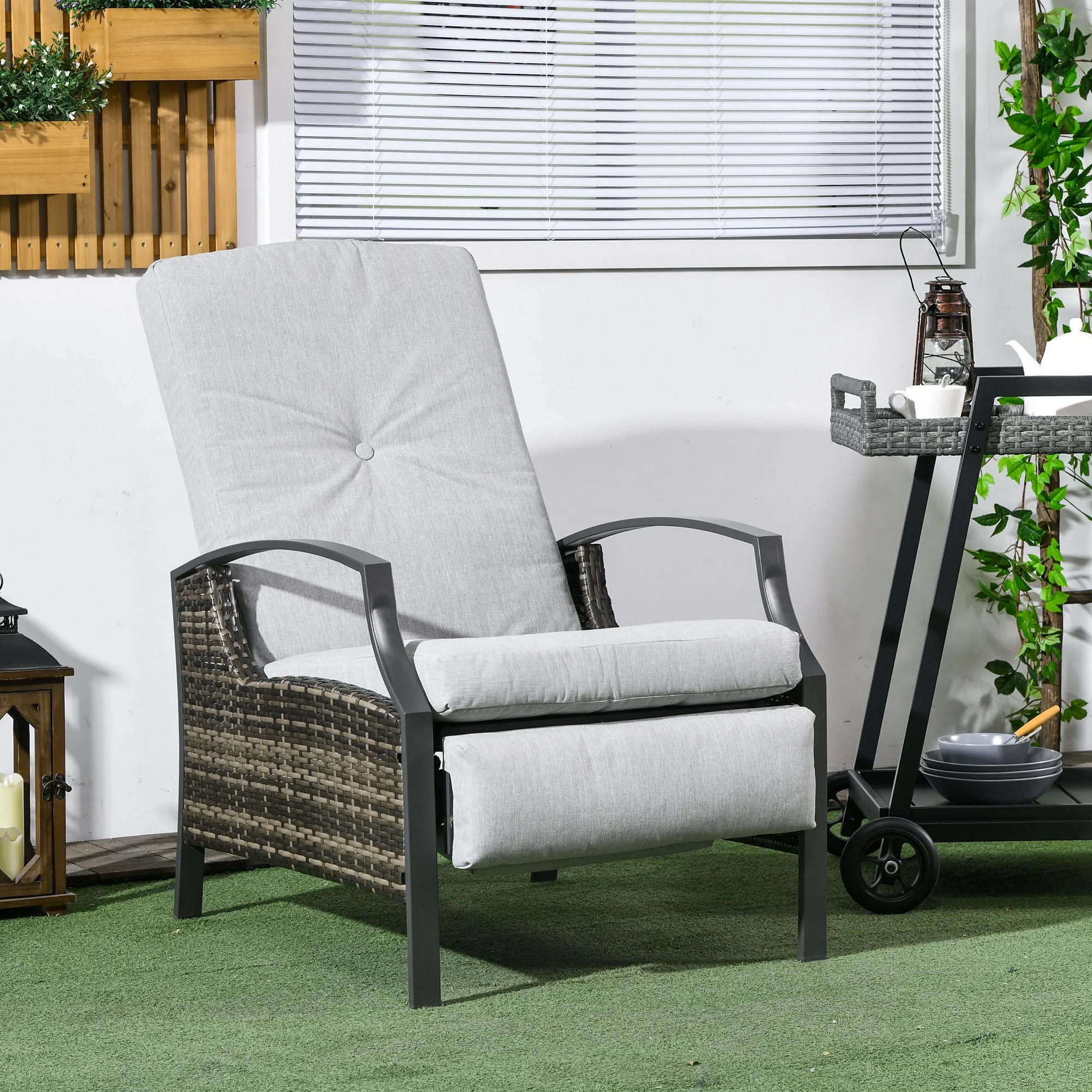 PE Rattan Outdoor Recliner Chair, Wicker Patio Lounge Chair with Adjustable Backrest, Retractable Footrest and Cushion, Light Grey