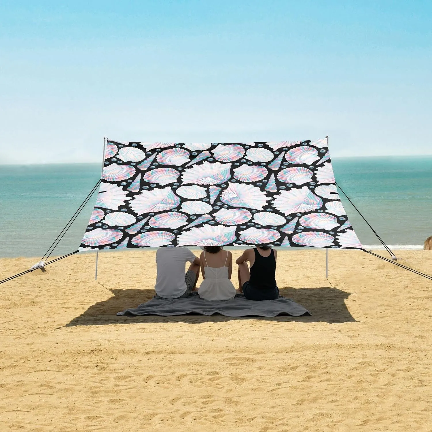Pearly Shells Beach Canopy Tent Anti-UV & Wind Resistant, Black Camping Sun Shelter Easy Setup Portable,Outdoor Shade Tents with Sandbags,Sand Shovels,Ground Pegs & Stability Poles