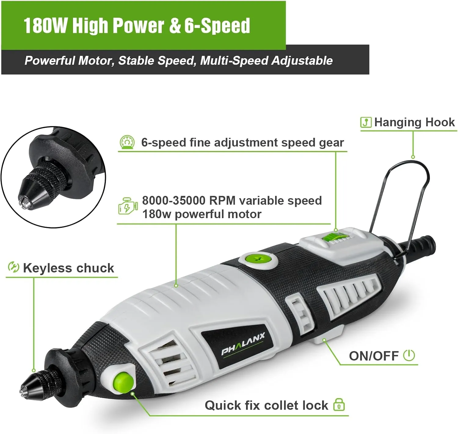 PHALANX 180W Rotary Tool Kit, 1.5-Amp 6 Variable Speed with Flex Shaft, 8000-35000RPM Rotary Multi-Tool& 213pcs Accessories Kit, Power Multiuse Set Prefect for Crafting Projects and DIY Creations