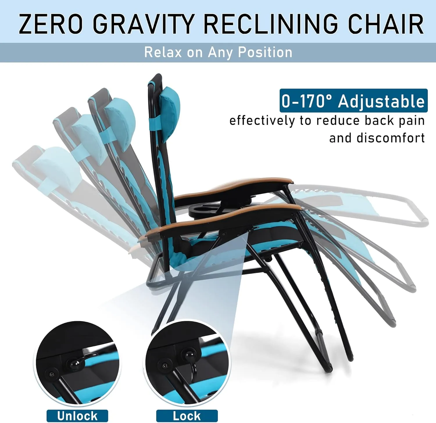 PHI VILLA XXL Oversized Padded Zero Gravity Chair, Foldable Patio Recliner, 30" Wide Seat Anti Gravity Lounger with Cup Holder, Set of 2, Support 400 LBS (Aqua)