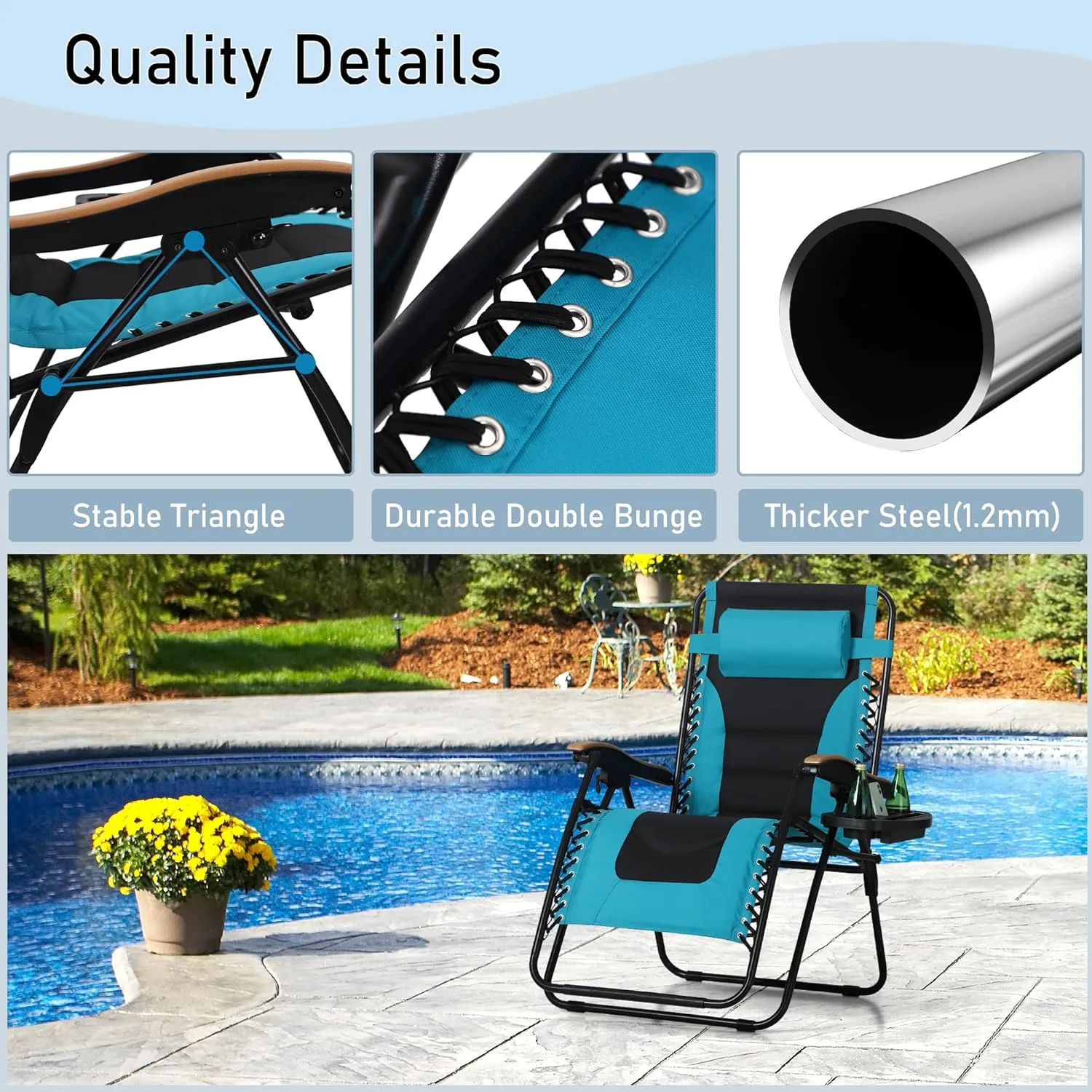 PHI VILLA XXL Oversized Padded Zero Gravity Chair, Foldable Patio Recliner, 30" Wide Seat Anti Gravity Lounger with Cup Holder, Set of 2, Support 400 LBS (Aqua)