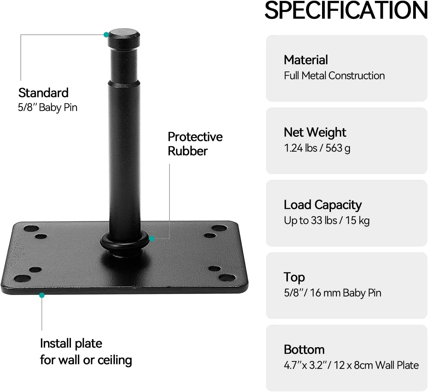 PHOCUS Photography 4.5" Baby Pin Wall Plate Ceiling Mount, Heavy Duty Wall Plate with 5/8" Baby Pin for Studio Lights, Softboxes, and Lighting Equipment (4.5" Baby Pin)