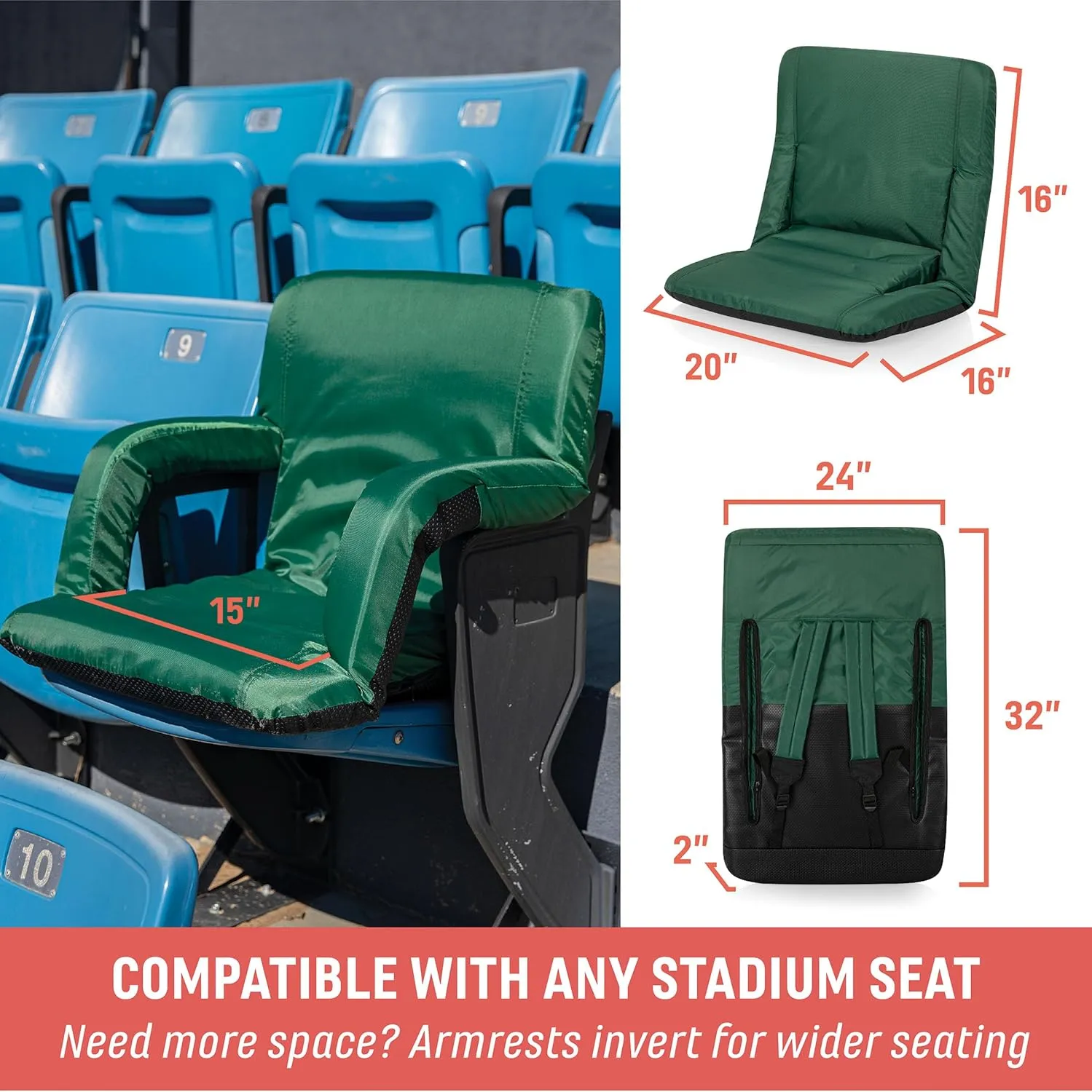 PICNIC TIME ONIVA - a Brand Ventura Reclining Stadium Seat with Back Support - Bleacher Seat - Beach Floor Chair, (Hunter Green)