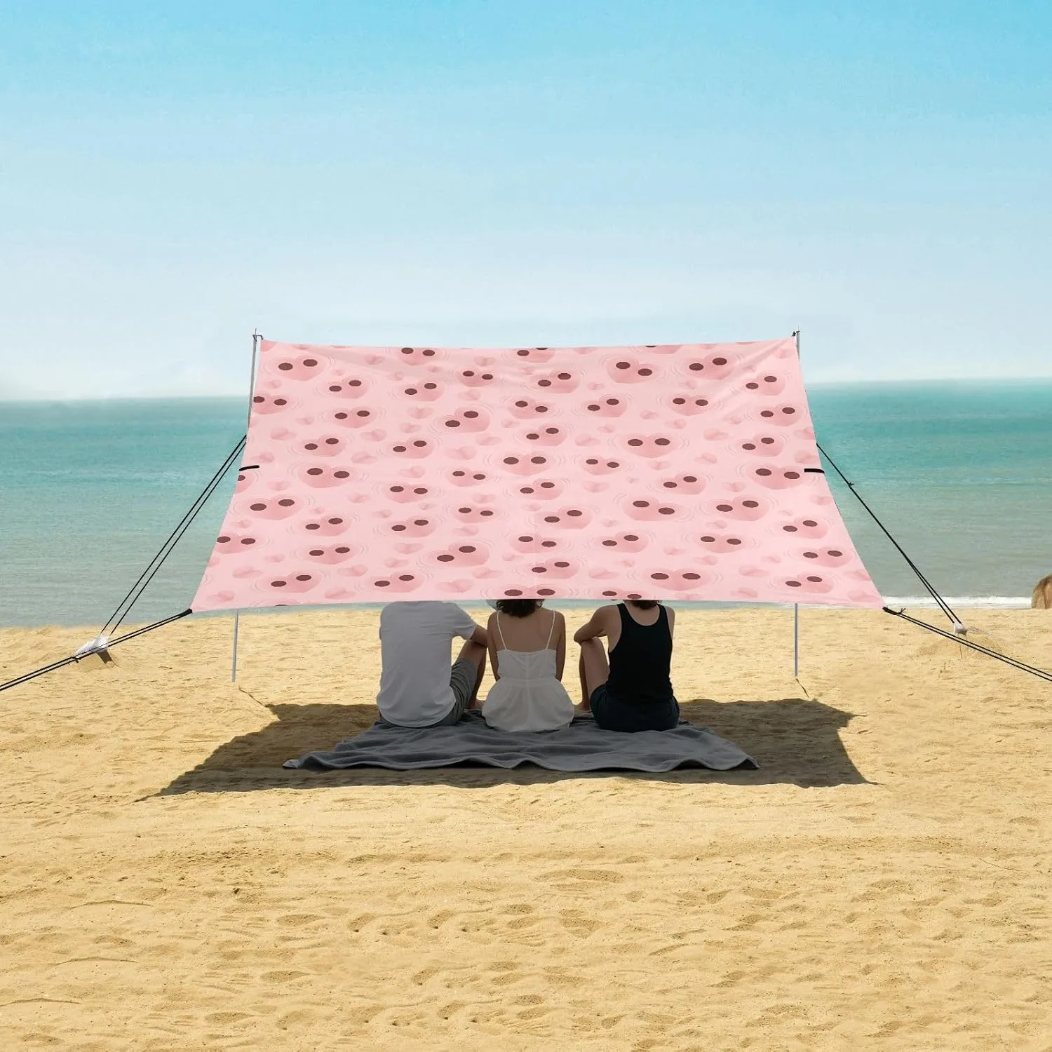 Pig Nose Love Pattern Beach Canopy Tent Anti-UV & Wind Resistant, Camping Sun Shelter Easy Setup Portable,Outdoor Shade Tents with Sandbags,Sand Shovels,Ground Pegs & Stability Poles