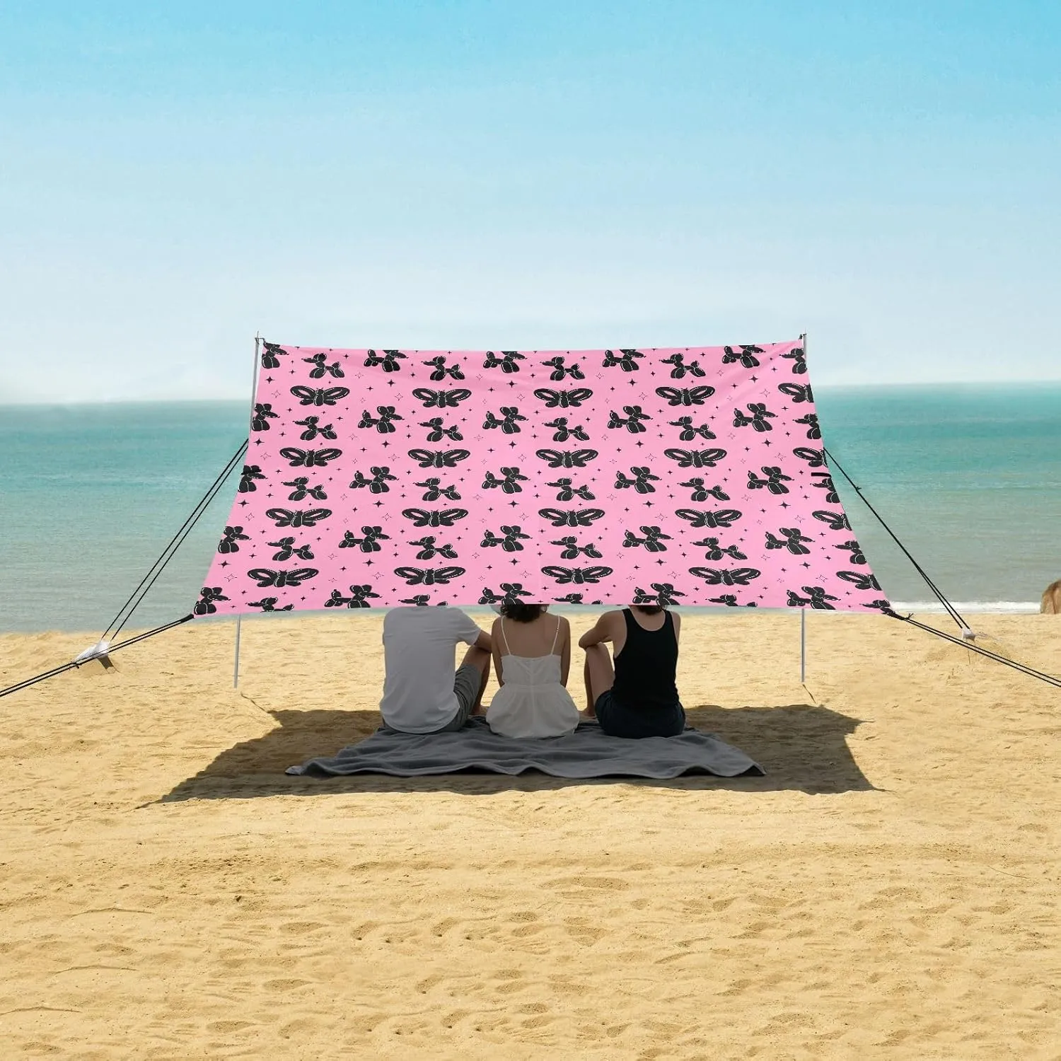 Pink Balloon Animals Pattern Beach Canopy Tent Anti-UV & Wind Resistant, Camping Sun Shelter Easy Setup Portable,Outdoor Shade Tents with Sandbags,Sand Shovels,Ground Pegs & Stability Poles