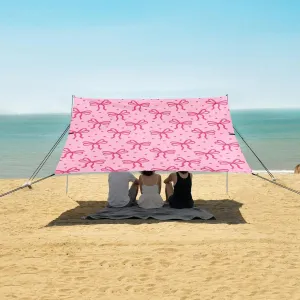 Pink Bows and Hearts Beach Canopy Tent Anti-UV & Wind Resistant, Camping Sun Shelter Easy Setup Portable,Outdoor Shade Tents with Sandbags,Sand Shovels,Ground Pegs & Stability Poles