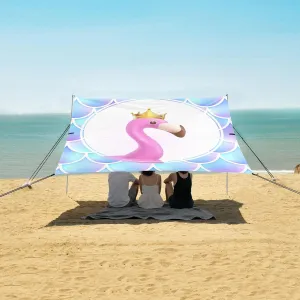 Pink Flamingo Crown Beach Canopy Tent Anti-UV & Wind Resistant, Glitter Fish Scales Camping Sun Shelter Easy Setup Portable,Outdoor Shade Tents with Sandbags,Sand Shovels,Ground Pegs & Stability