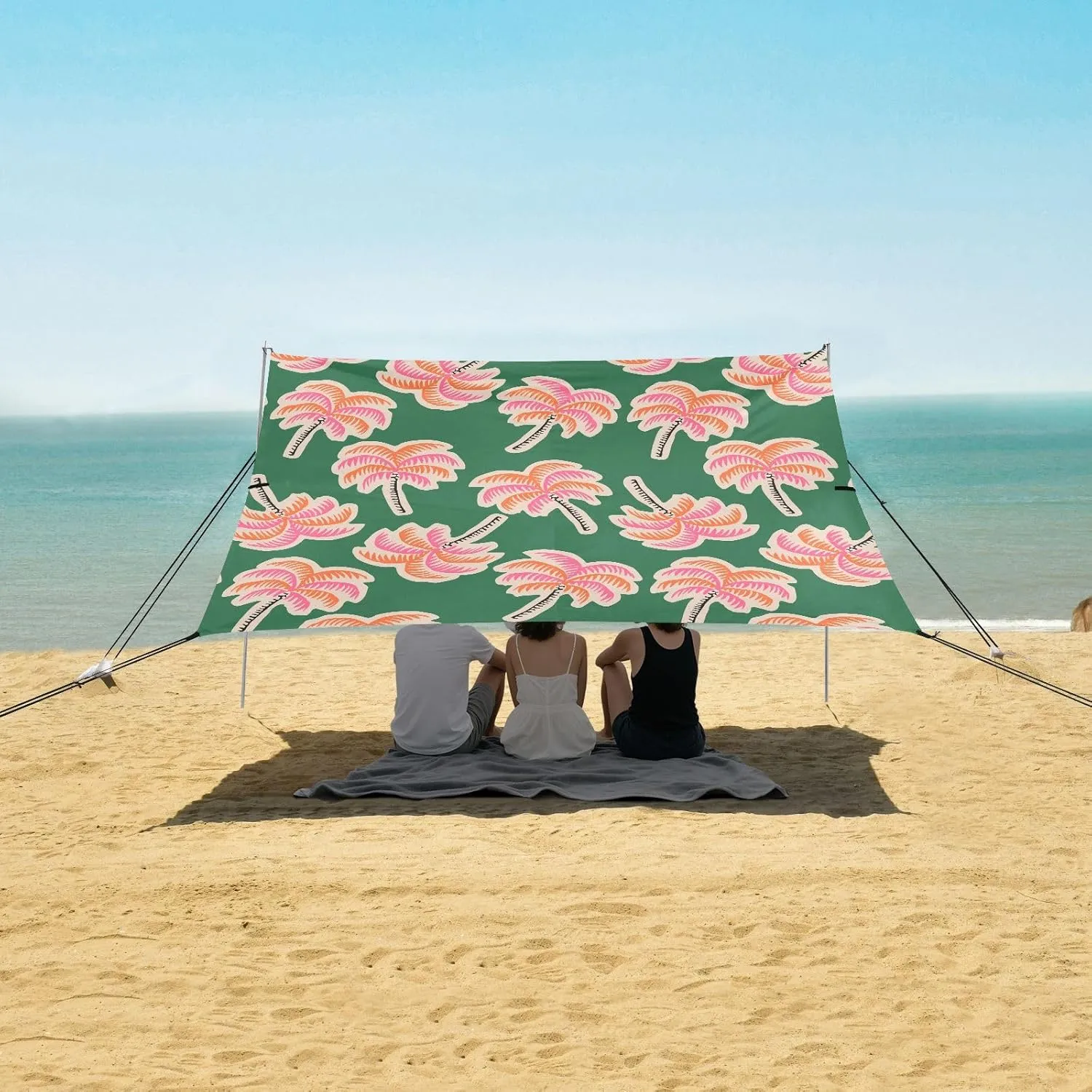 Pink Tropical Palm Trees Beach Canopy Tent Anti-UV & Wind Resistant, Camping Sun Shelter Easy Setup Portable,Outdoor Shade Tents with Sandbags,Sand Shovels,Ground Pegs & Stability Poles