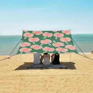 Pink Tropical Palm Trees Beach Canopy Tent Anti-UV & Wind Resistant, Camping Sun Shelter Easy Setup Portable,Outdoor Shade Tents with Sandbags,Sand Shovels,Ground Pegs & Stability Poles