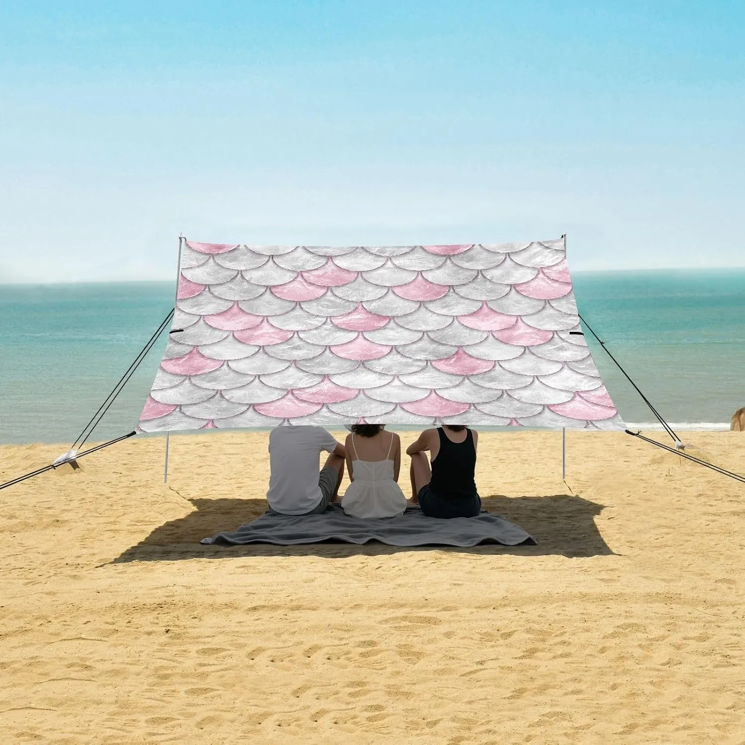 Pink White Fish Scales Beach Canopy Tent Anti-UV & Wind Resistant, 3d Fish Skin Camping Sun Shelter Easy Setup Portable,Outdoor Shade Tents with Sandbags,Sand Shovels,Ground Pegs & Stability Pol