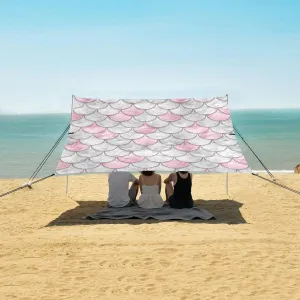 Pink White Fish Scales Beach Canopy Tent Anti-UV & Wind Resistant, 3d Fish Skin Camping Sun Shelter Easy Setup Portable,Outdoor Shade Tents with Sandbags,Sand Shovels,Ground Pegs & Stability Pol