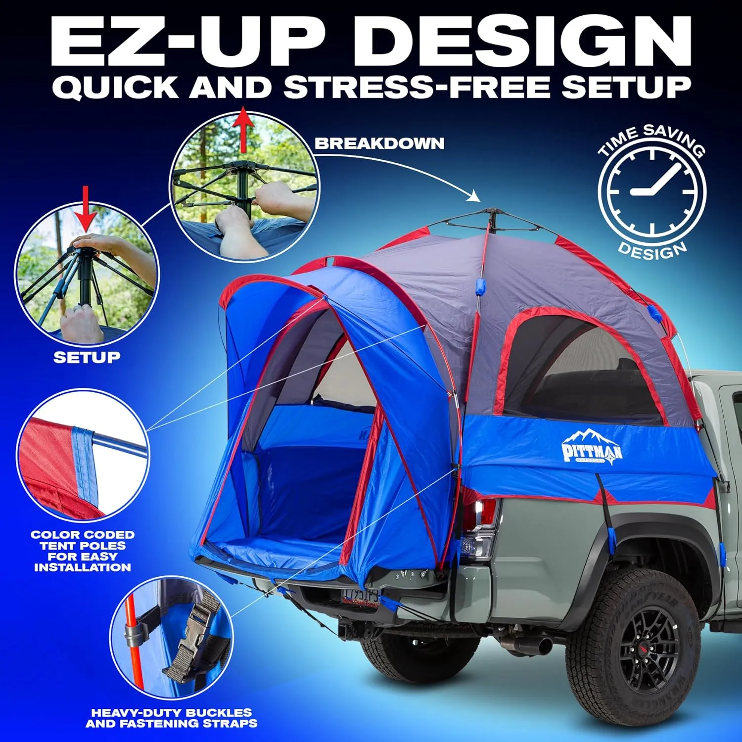 Pittman - Truck Bed Tent with EZ-UP Design - Pickup Truck Tent for Camping - Includes Rain Fly, Extra Wide Entry, Oversize Air Mesh & Porch Cover - Premium Pickup Bed Camper
