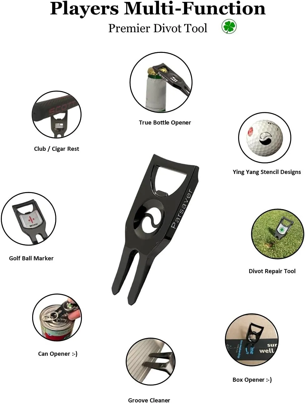 Players Golf Divot Tool - 6 in 1 Multi Purpose Tool - Divot Tool with Ball Marker - Alignment Golf Ball Markers Included - Bottle Opener Pitch Fork Gadget - Permanent Marker Pen