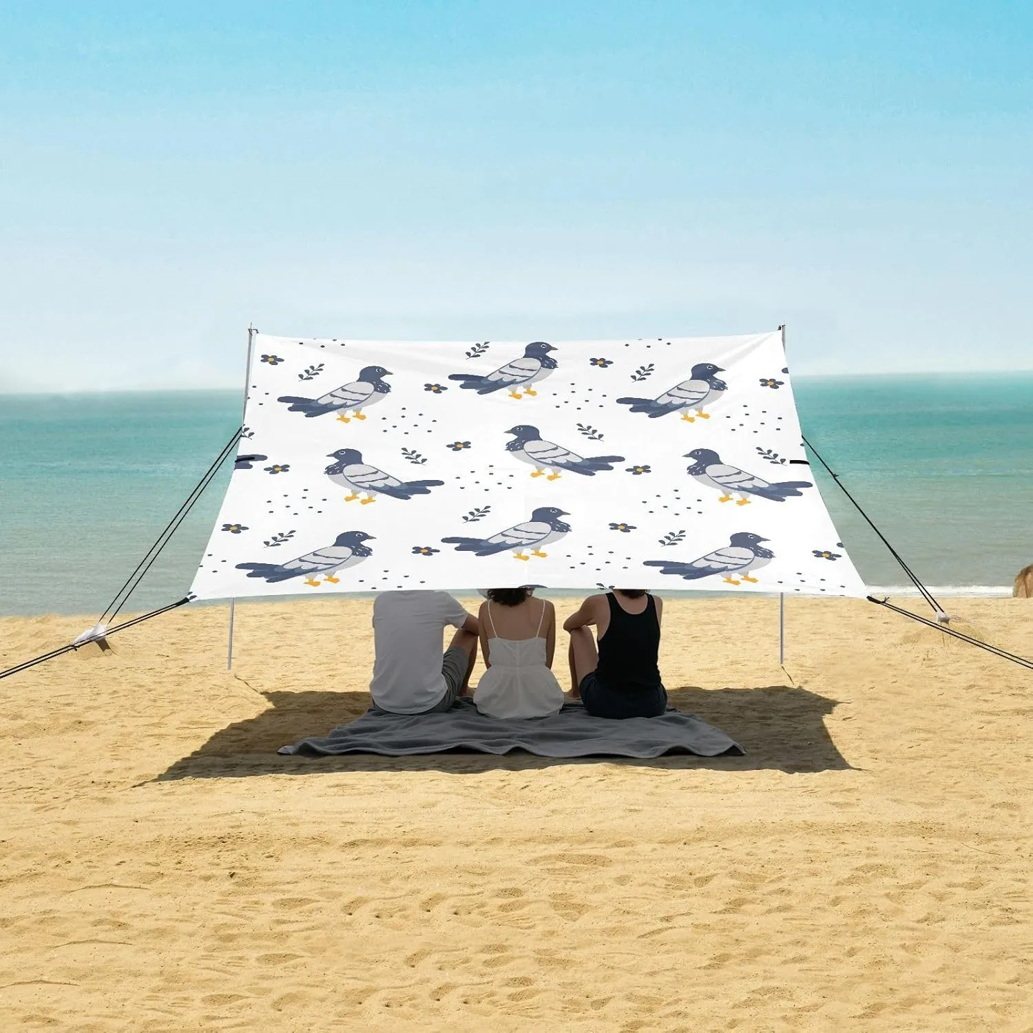 Playful Pigeons Among Flowers Beach Canopy Tent Anti-UV & Wind Resistant, Camping Sun Shelter Easy Setup Portable,Outdoor Shade Tents with Sandbags,Sand Shovels,Ground Pegs & Stability Poles