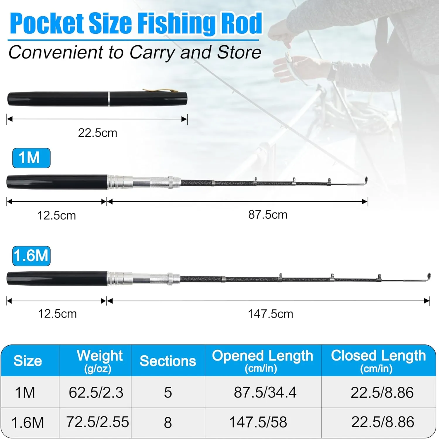 Pocket Fishing Rod, 40/63inch Mini Fishing Pole Aluminum Alloy Pen Fish Rod Portable Small Fishing Pole for Travel Ice Fly Fishing Sea Saltwater Freshwater