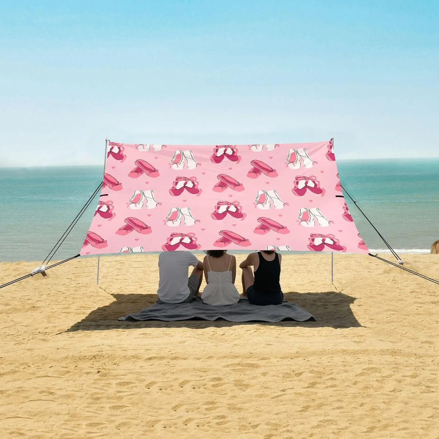 Pointe Shoes Set Beach Canopy Tent Anti-UV & Wind Resistant, Pink Camping Sun Shelter Easy Setup Portable,Outdoor Shade Tents with Sandbags,Sand Shovels,Ground Pegs & Stability Poles