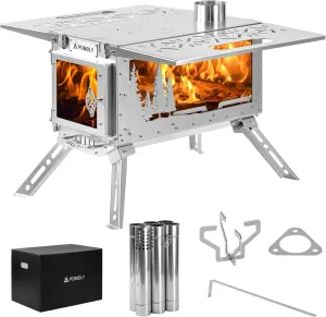 POMOLY Camping Tent Stove Wood Stove, Oroqen Max 3 Stainless Steel Wood Burning Stove for Outdoor Hiking, Hunting (Stove Pipe 7.05ft / 2.15m)
