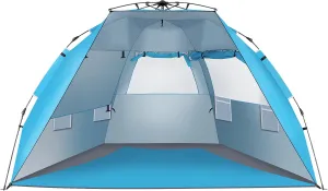 Pop Up 3-4 Person Beach Tent,Outdoor Sun Shelter Canopy UPF 50  Sun Shade Easy Setup,Extendable Floor with 3 Ventilating Mesh Windows Plus Carrying Bag, Stakes and Guy Lines.