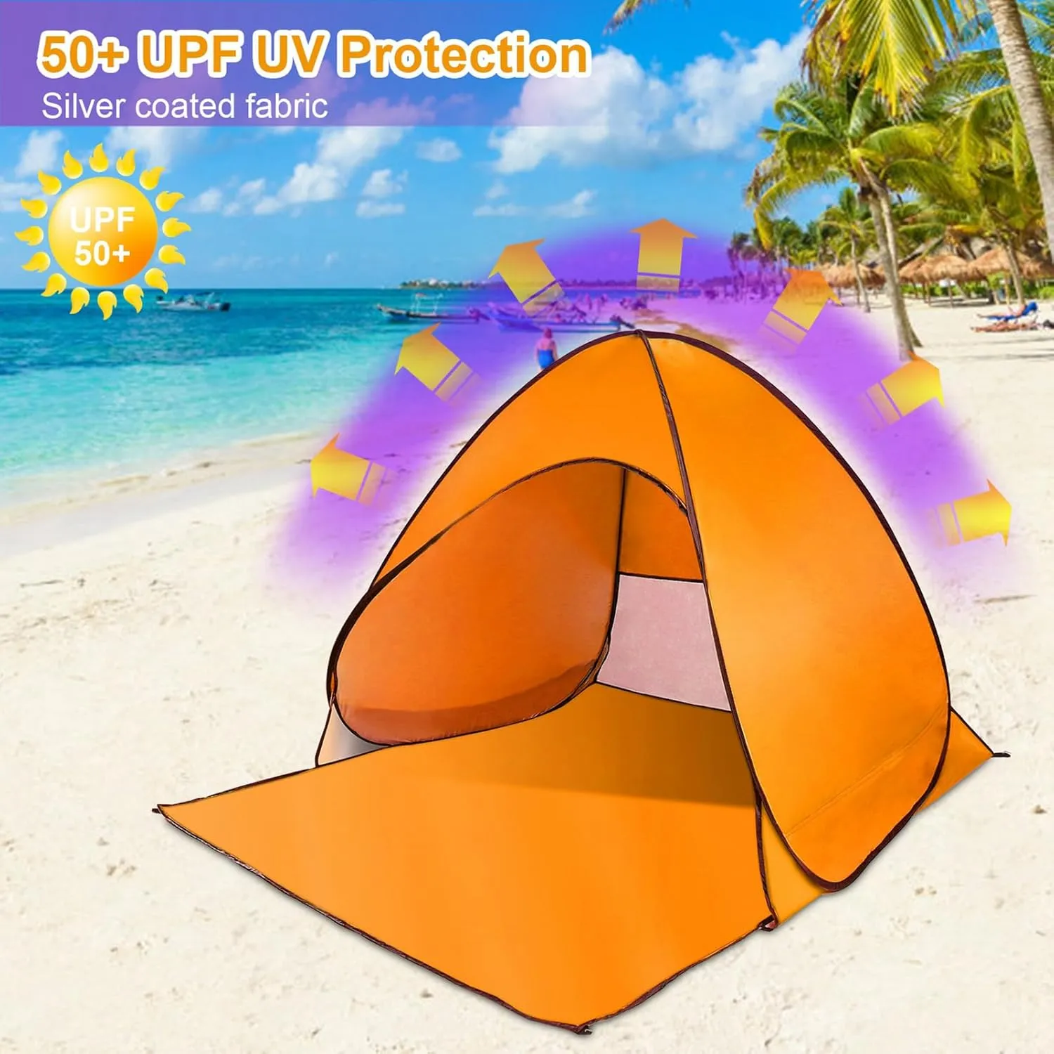 Pop Up Beach Tent for 2-3 Person, Outdoor Camping Tent, Shade Sun Shelter Beach Canopy, Portable Beach Tent w/Net Window & Storage Bag for Outdoor Beach Camping Fishing Park Lake, Orange