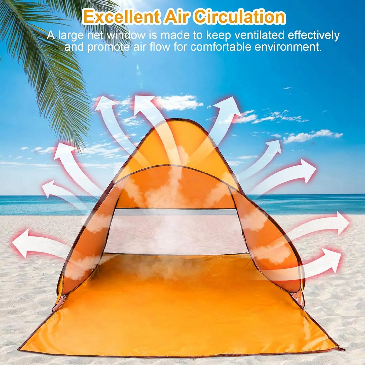 Pop Up Beach Tent for 2-3 Person, Outdoor Camping Tent, Shade Sun Shelter Beach Canopy, Portable Beach Tent w/Net Window & Storage Bag for Outdoor Beach Camping Fishing Park Lake, Orange