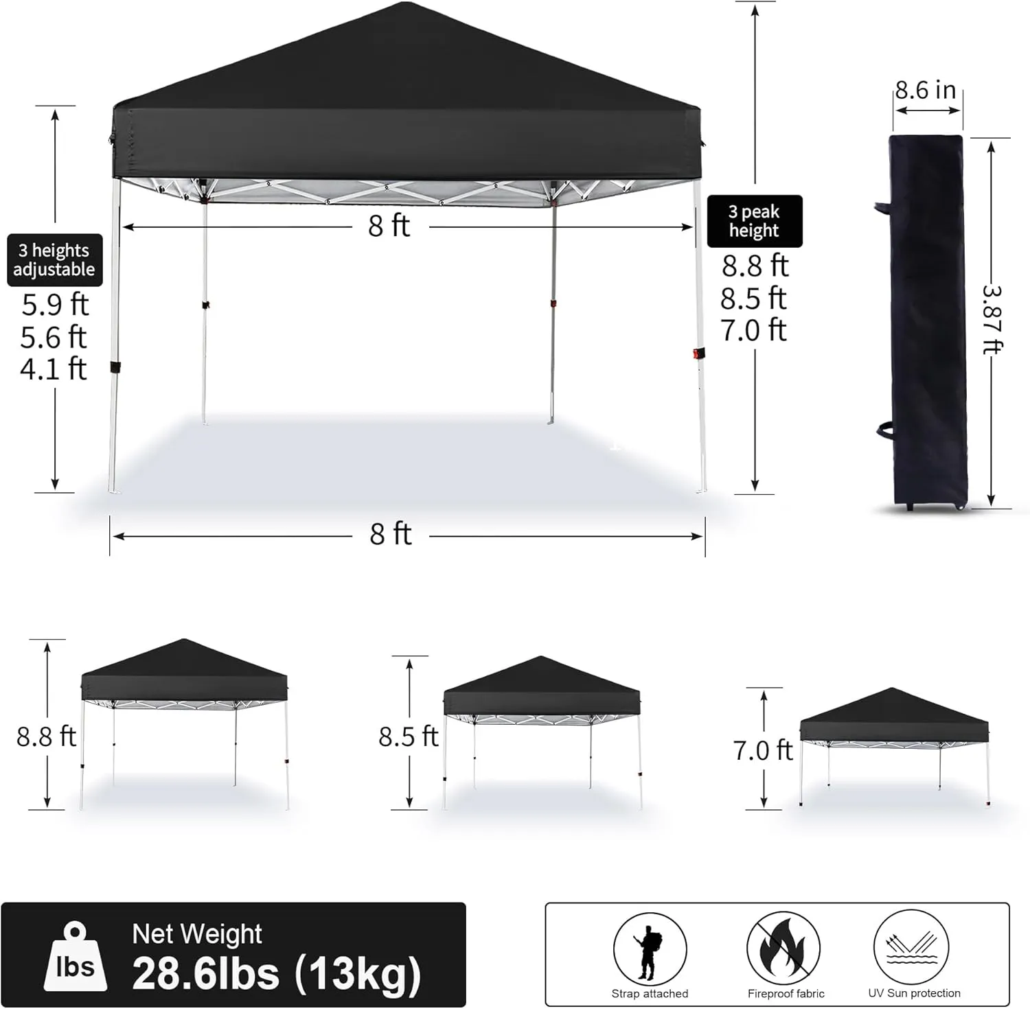 Pop Up Canopy 8X8 FT,Portable Sun Instant Shelter w/Backpack Bag,Waterproof,Adjustable Straight Leg Heights Canopies,Outdoor Tents for Parties,Camping,Commercial Event,Black