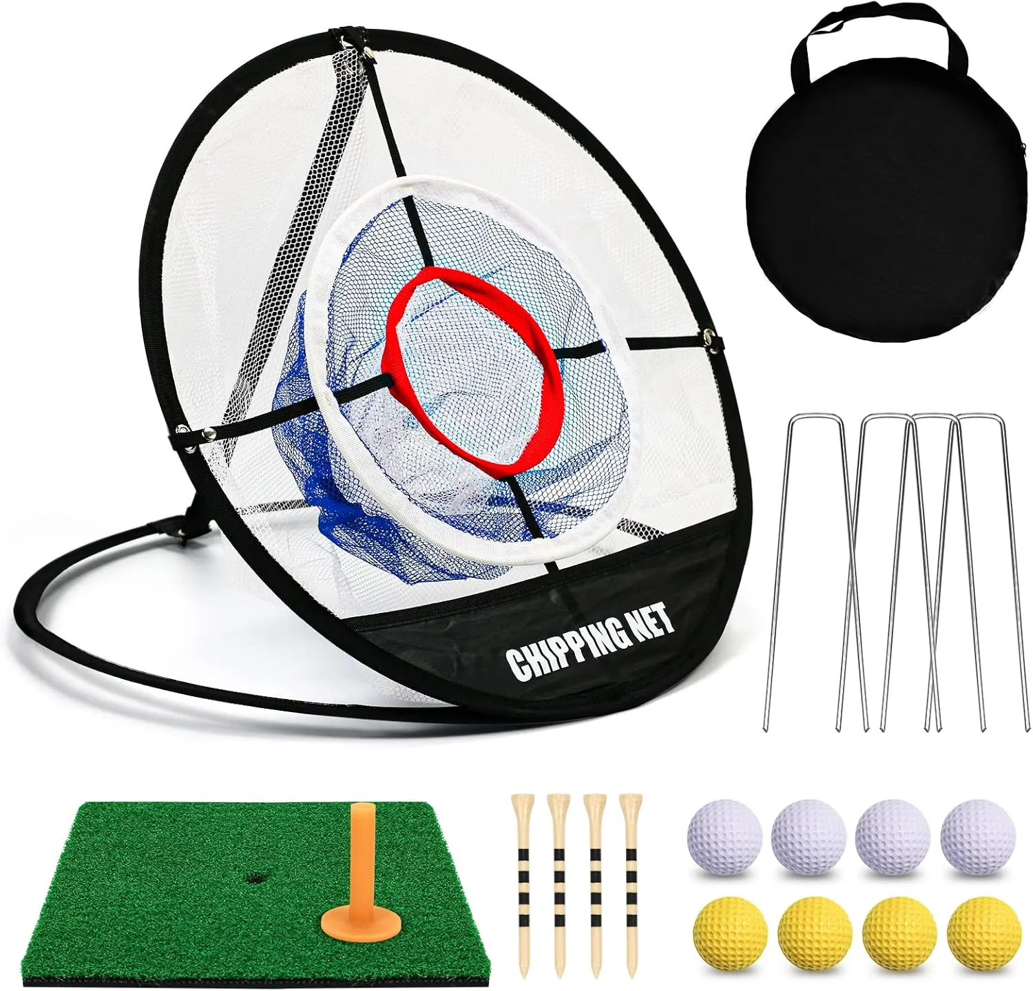 Pop Up Golf Chipping Net & Mat, Target Practice Set - 8 Balls, 4 Tees, Collapsible for Indoor/Outdoor Swing Training