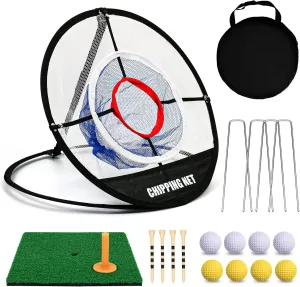 Pop Up Golf Chipping Net & Mat, Target Practice Set - 8 Balls, 4 Tees, Collapsible for Indoor/Outdoor Swing Training