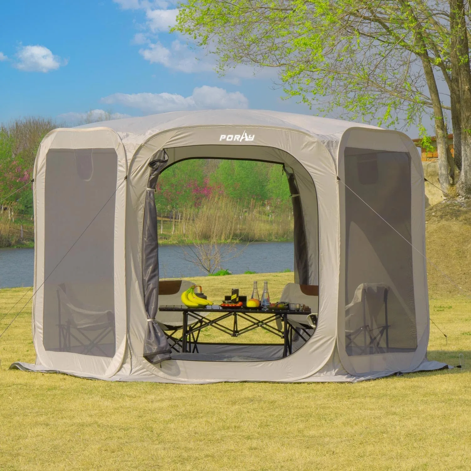 Porayhut Pop up Screen House Tent Sun Shelter with Breathable Mesh Doors,Portable Camping Tent with Detachable Waterproof Floor,10x10FT Screen Canopy Outdoor for Family Friends Party