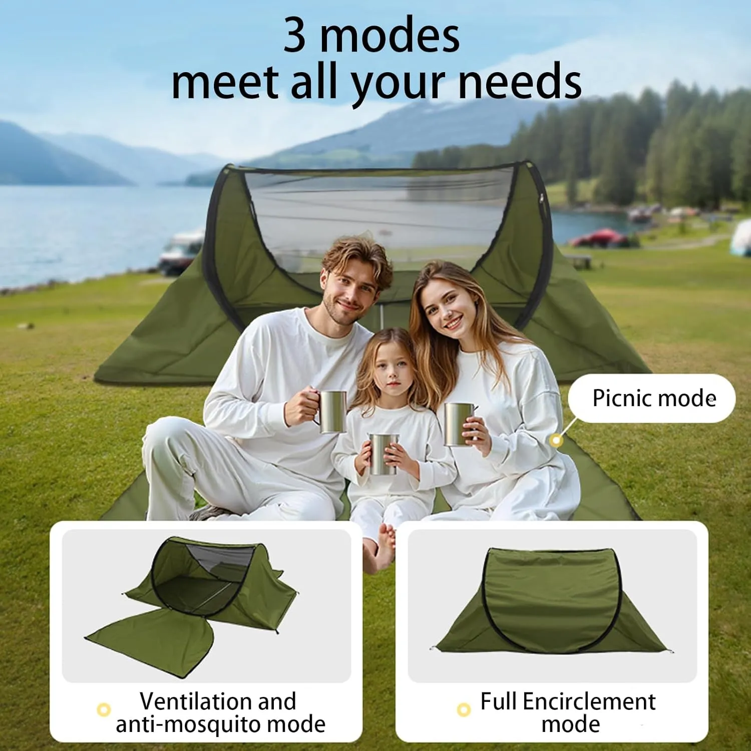 Portable Camping Tent with Double Door Design, Folding Mosquito Net Shelter with Storage Bag, Army Green