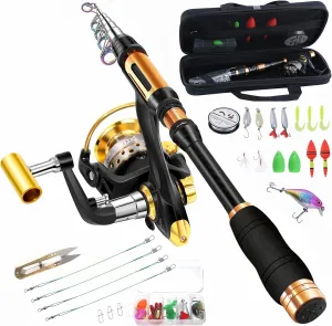 Portable Fishing Spinning Rod and Reel Combo Set Carbon Fiber Fluorescent Rod Tip, with Fishing Lures Line Carrier Bag Kits for Travel Surf Saltwater Freshwater (Black, 3.6M/141.7in/11.81ft)