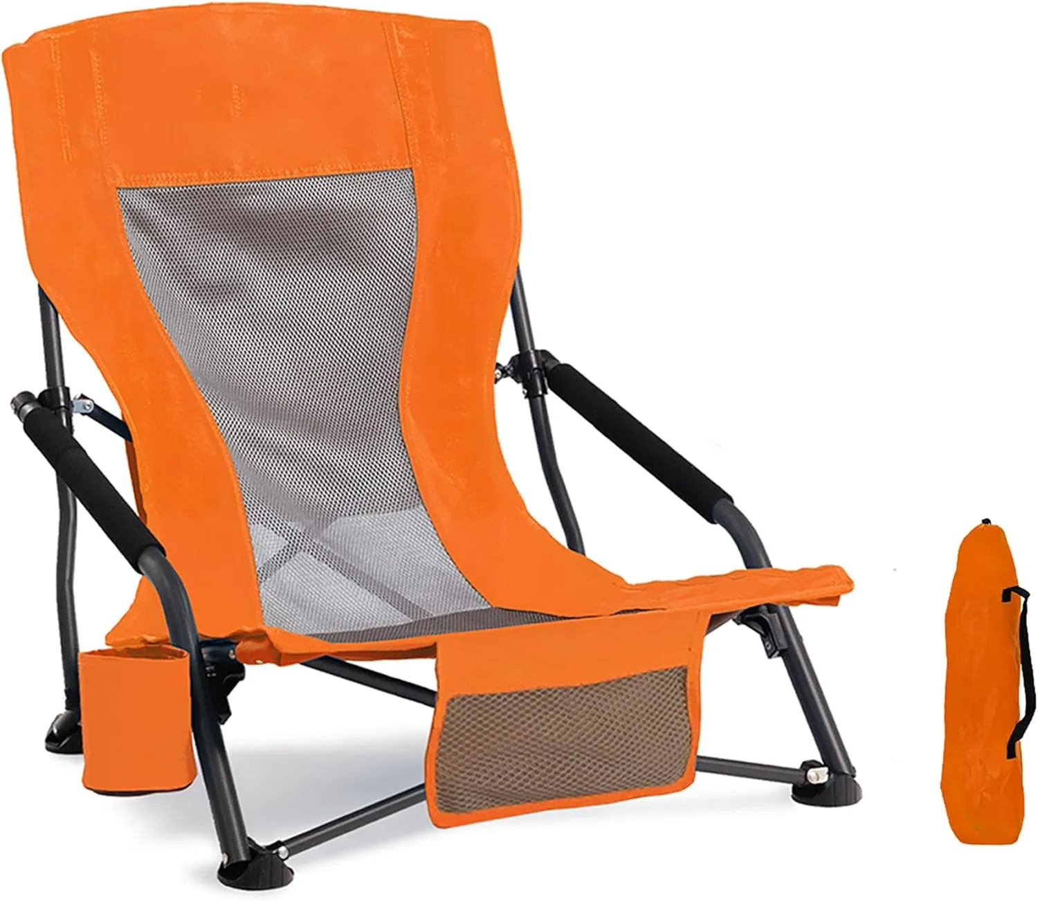 Portable Folding Beach Chair for Adults - Lightweight Low Back Sling Chair with Cup Holder & Storage Pocket, 300lbs Capacity Camping Chair for Outdoor, Lawn, Concert, Travel (Orange)