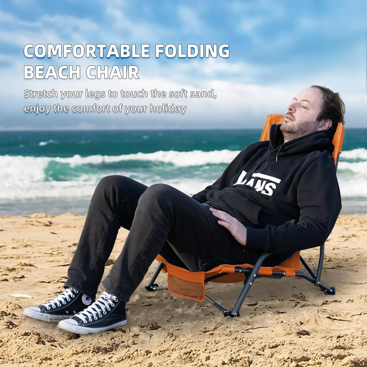 Portable Folding Beach Chair for Adults - Lightweight Low Back Sling Chair with Cup Holder & Storage Pocket, 300lbs Capacity Camping Chair for Outdoor, Lawn, Concert, Travel (Orange)
