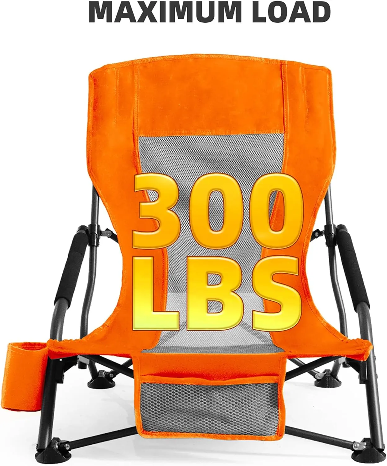 Portable Folding Beach Chair for Adults - Lightweight Low Back Sling Chair with Cup Holder & Storage Pocket, 300lbs Capacity Camping Chair for Outdoor, Lawn, Concert, Travel (Orange)