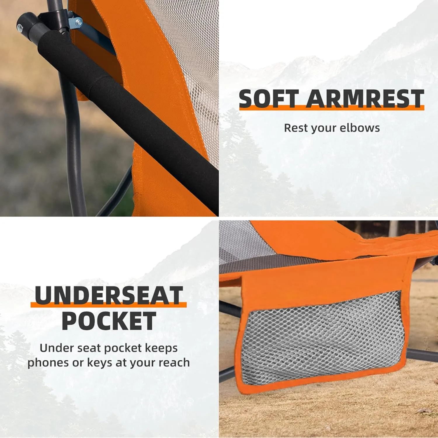 Portable Folding Beach Chair for Adults - Lightweight Low Back Sling Chair with Cup Holder & Storage Pocket, 300lbs Capacity Camping Chair for Outdoor, Lawn, Concert, Travel (Orange)