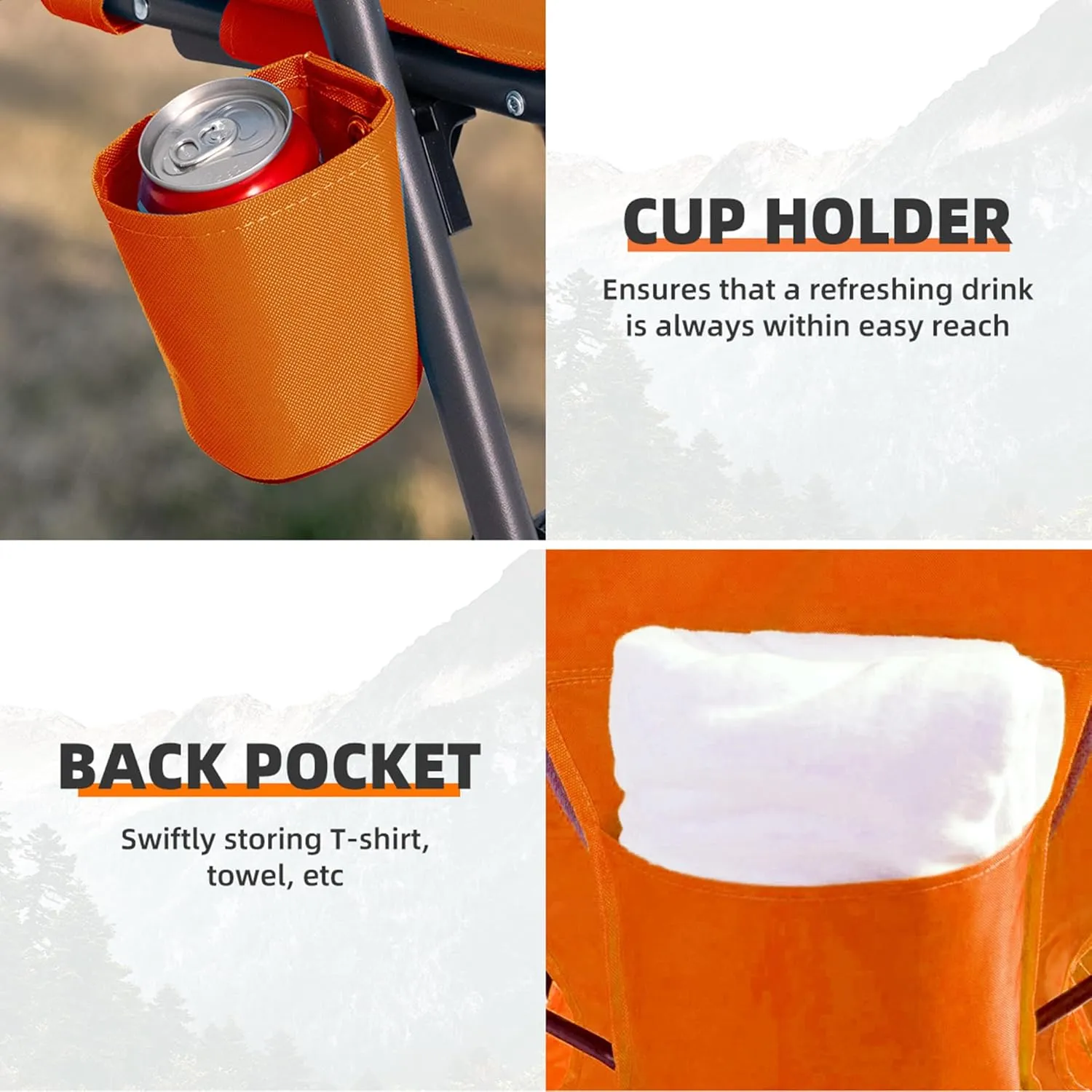 Portable Folding Beach Chair for Adults - Lightweight Low Back Sling Chair with Cup Holder & Storage Pocket, 300lbs Capacity Camping Chair for Outdoor, Lawn, Concert, Travel (Orange)