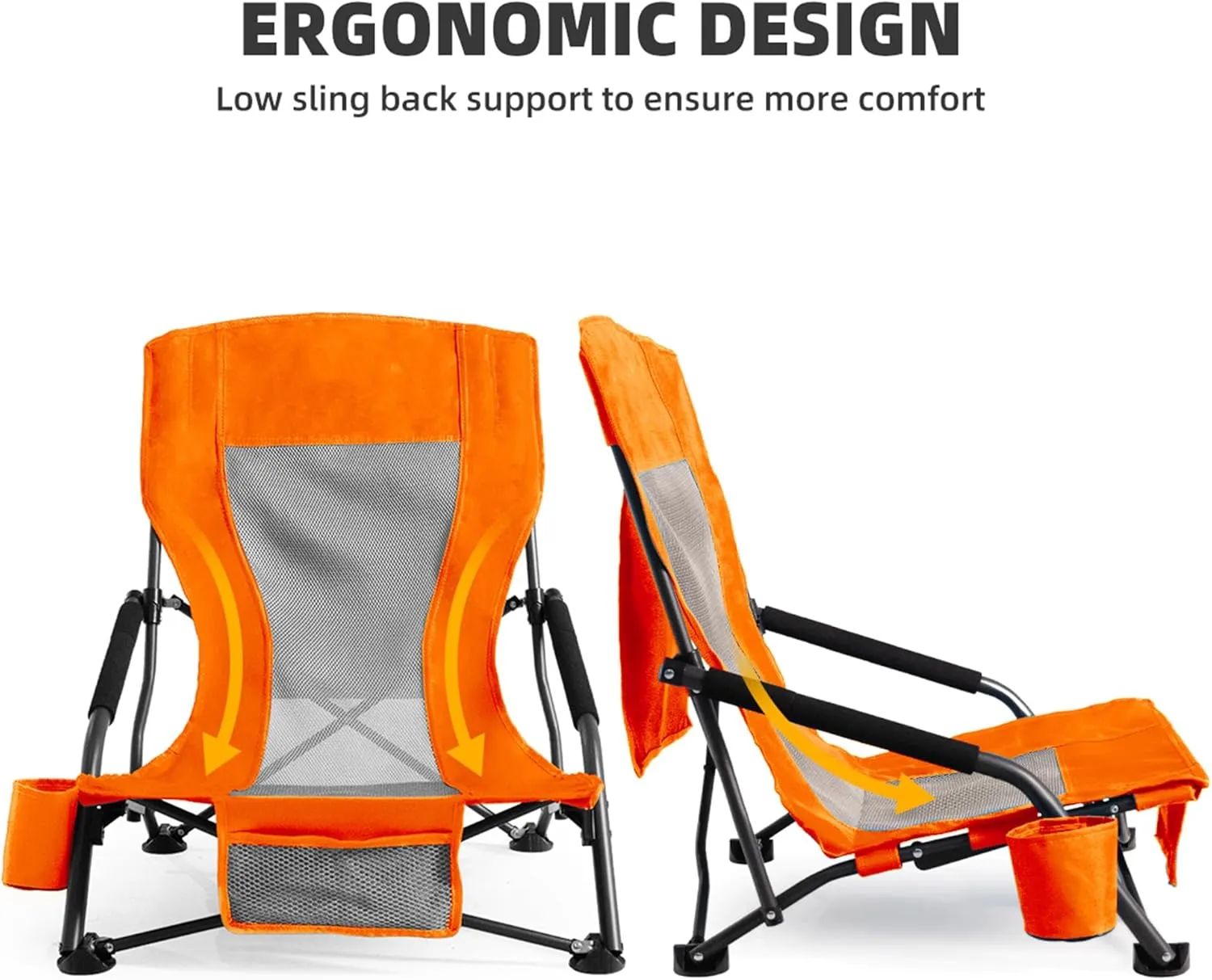 Portable Folding Beach Chair for Adults - Lightweight Low Back Sling Chair with Cup Holder & Storage Pocket, 300lbs Capacity Camping Chair for Outdoor, Lawn, Concert, Travel (Orange)