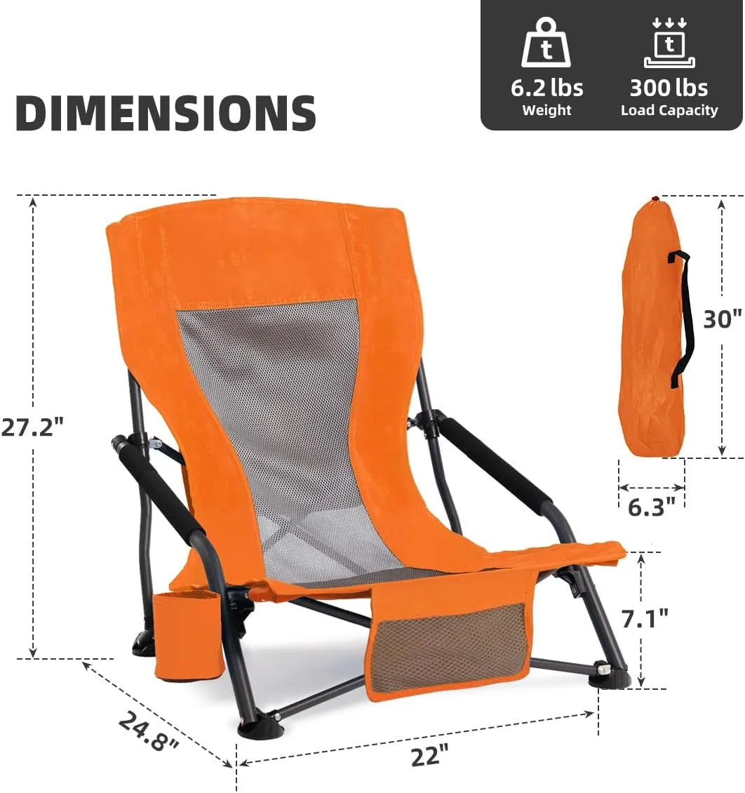 Portable Folding Beach Chair for Adults - Lightweight Low Back Sling Chair with Cup Holder & Storage Pocket, 300lbs Capacity Camping Chair for Outdoor, Lawn, Concert, Travel (Orange)