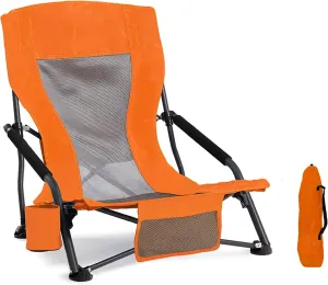 Portable Folding Beach Chair for Adults - Lightweight Low Back Sling Chair with Cup Holder & Storage Pocket, 300lbs Capacity Camping Chair for Outdoor, Lawn, Concert, Travel (Orange)