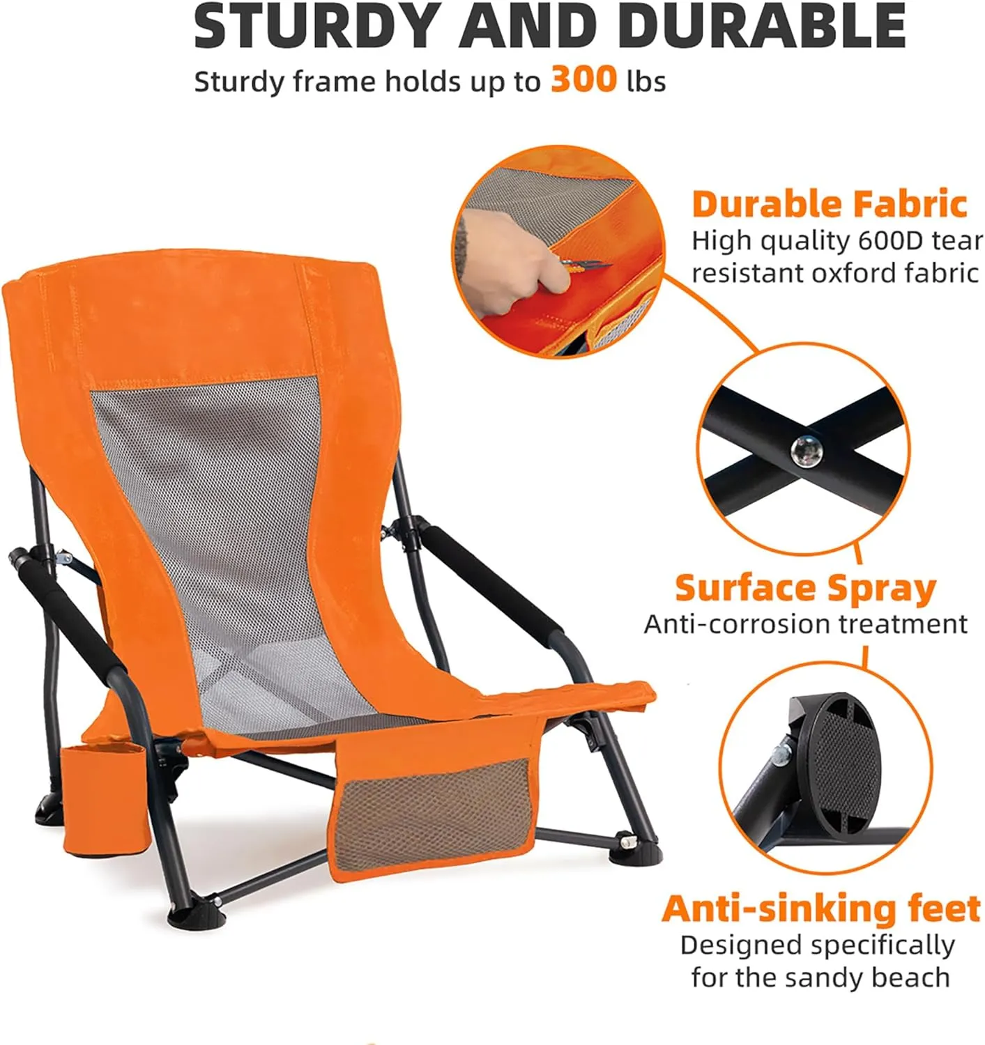 Portable Folding Beach Chair for Adults - Lightweight Low Back Sling Chair with Cup Holder & Storage Pocket, 300lbs Capacity Camping Chair for Outdoor, Lawn, Concert, Travel (Orange)