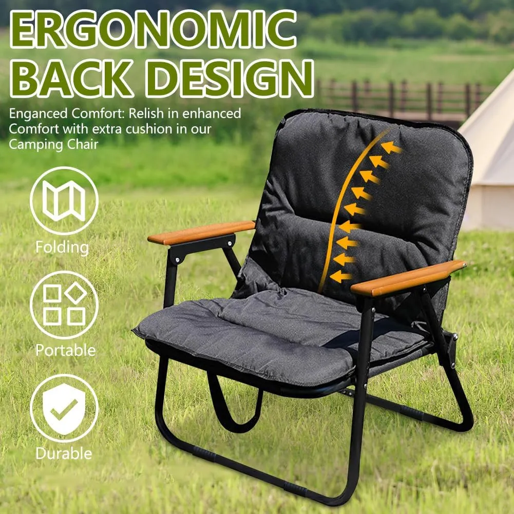Portable Folding Camping Chair, Heavy Duty Single Outdoor Camping Chair, Wooden Armrests, with Seat Cushion, Suitable for Outdoor Fishing, Travel, Lawn, Camping, Hiking, Black
